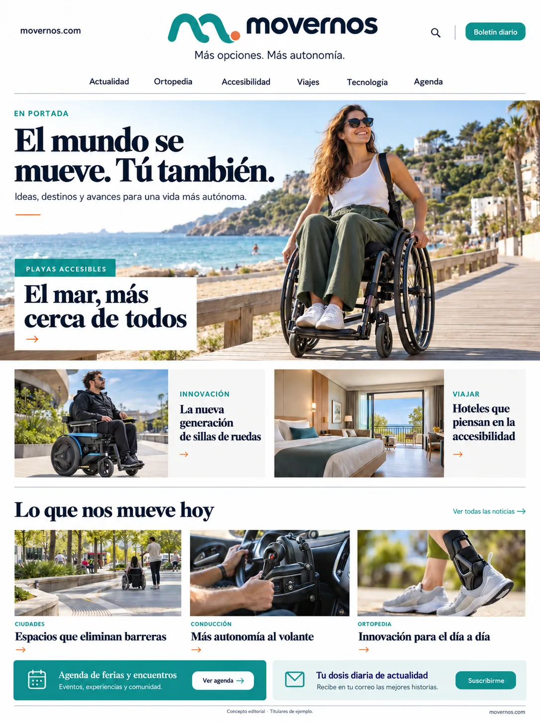 Ilustración de una mujer en silla de ruedas en una pasarela junto al mar.
