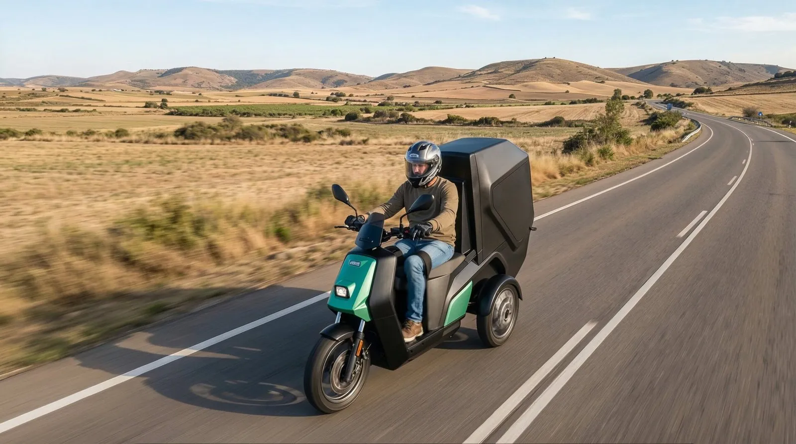 La moto eléctrica de tres ruedas VOAR Fold circula por una carretera entre campos, con su caja trasera para la silla