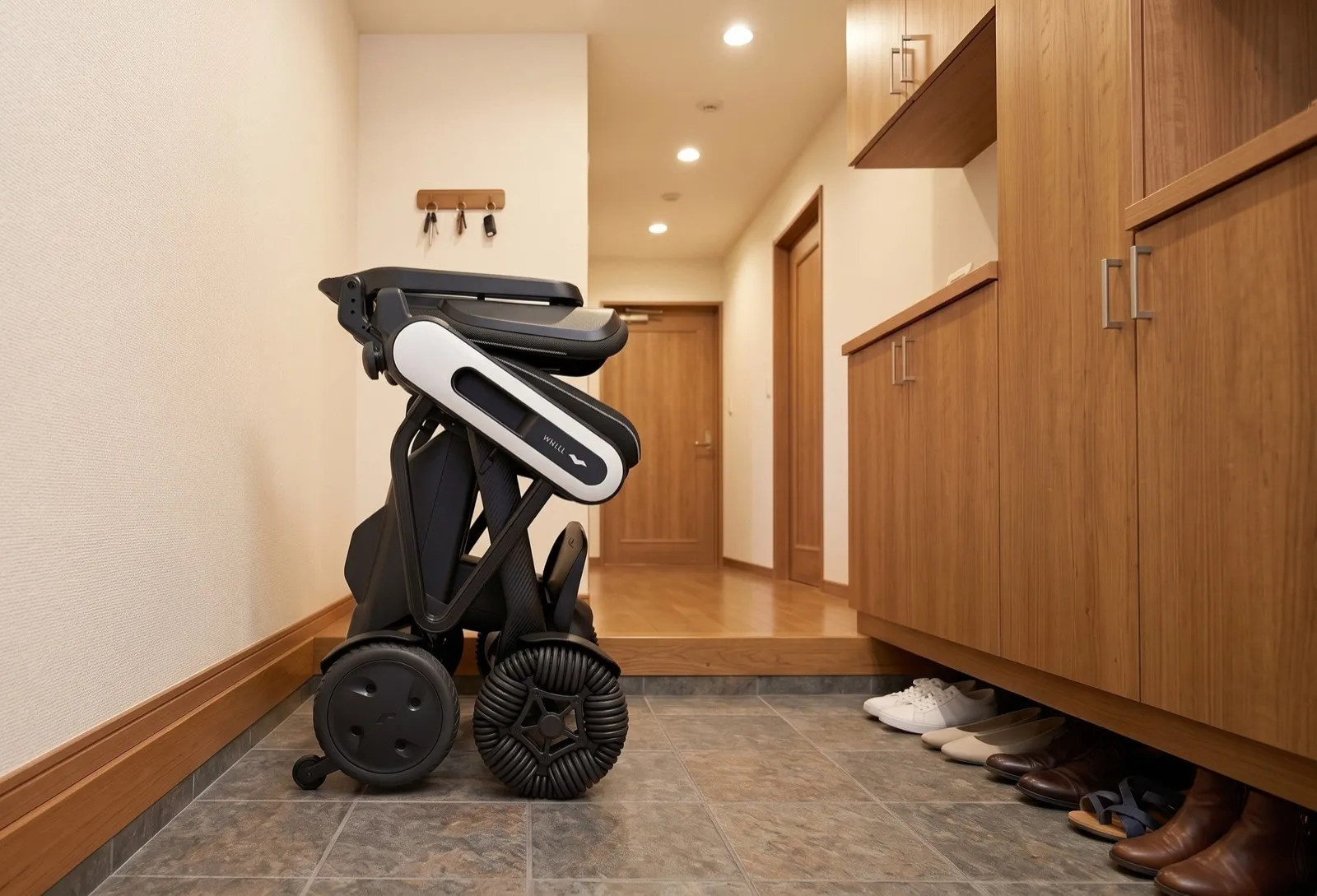 La silla eléctrica WHILL Model C Lite plegada y guardada de pie en el recibidor de una casa, junto al zapatero